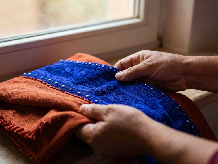 Close-up documentary photograph of hands sharing traditional embroidered textiles, warm window light, rich terracotta and lapis tones.