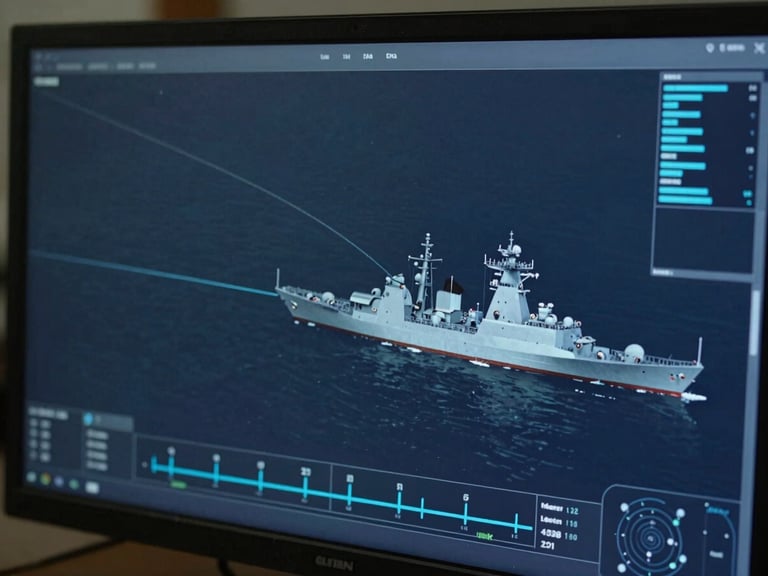 Close-up of a digital naval simulation interface on a monitor, displaying vector lines, ship vectors, and tactical telemetry in cool steel blue tones, dim ambient room lighting.