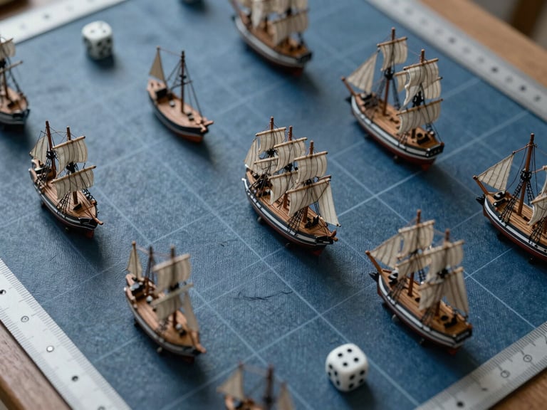 Top-down macro shot of a tabletop naval wargame in progress, miniature wooden ships with tiny sails on a blue canvas grid, dice and measuring rulers nearby, soft natural light.