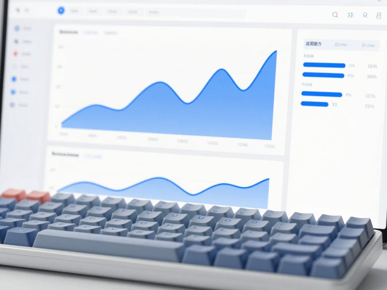 Clean modern software dashboard showing analytics graphs with electric blue lines, mechanical keyboard in soft focus