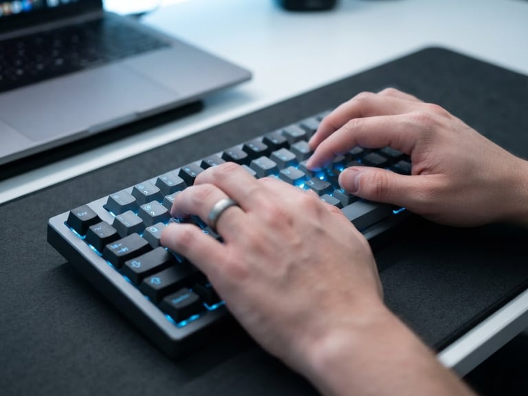 Close-up of hands typing on a modern mechanical keyboard, glowing cool blue backlighting, sharp focus, minimalist tech photography style