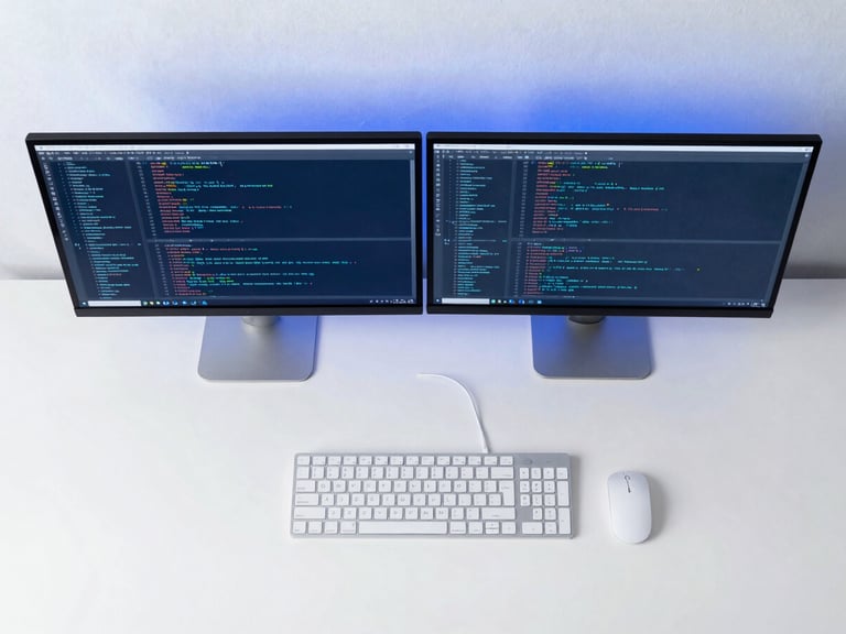 Top-down flat lay of a modern desk setup with dual monitors, clean code on screen, blue ambient lighting, minimal aesthetic