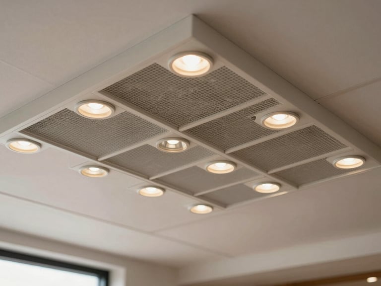 Close-up overhead study of a suspended ceiling grid in a commercial restaurant space with newly installed recessed LED luminaires, each fixture aligned precisely in the grid, clean white ceiling tiles, warm-neutral lamp color under north-facing natural daylight, no workers visible, no text or signage, studio-quality even lighting showing fixture detail and installation precision