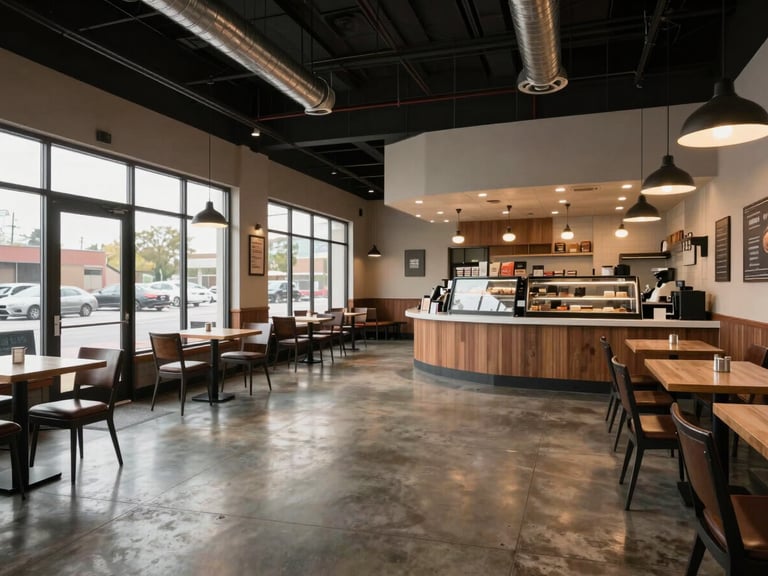 Wide completed fast-casual restaurant interior ready for opening, clean open floor plan, modern pendant lighting installed and lit, service counter visible in the background, polished concrete floor, no people present, natural daylight from storefront windows on the left third, overcast even exposure, no visible text or branding