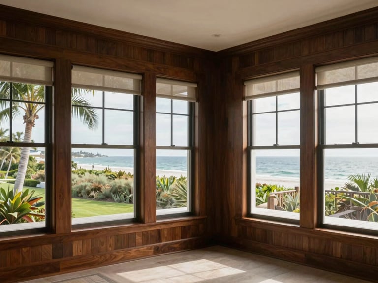 architectural interior photography of a morning room in Sawgrass, deep espresso wood wall panels, large windows framing coastal greenery, natural light, 35mm lens, sharp focus