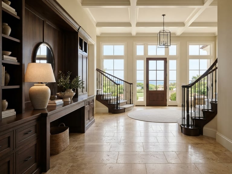 architectural interior photography of a light-filled estate entrance with deep espresso wood cabinetry and warm travertine flooring, soft natural coastal daylight, high-end editorial, 35mm lens, sharp focus