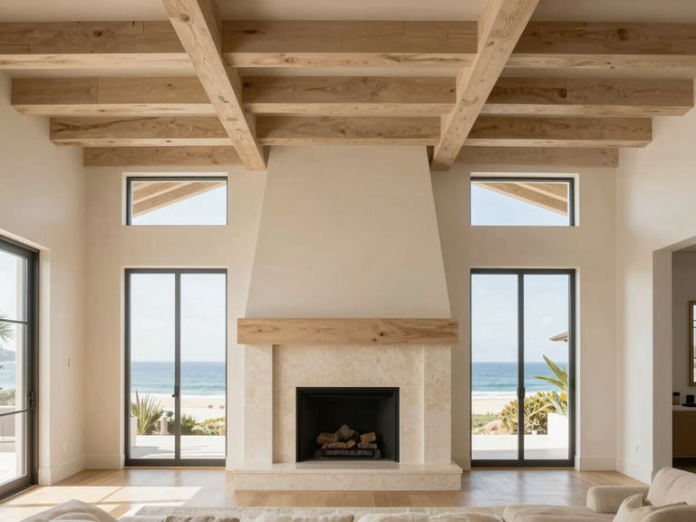 straight-on architectural interior of a soaring living room in Marsh Landing, white oak beams meeting a warm travertine fireplace, soft daylight, high-end editorial, sharp focus