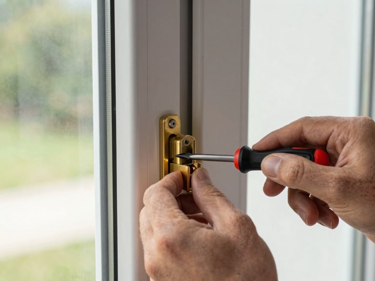 Close-up of a technician's hand adjusting the bottom brass roller mechanism of a large glass sliding patio door with a screwdriver, sharp focus, 35mm
