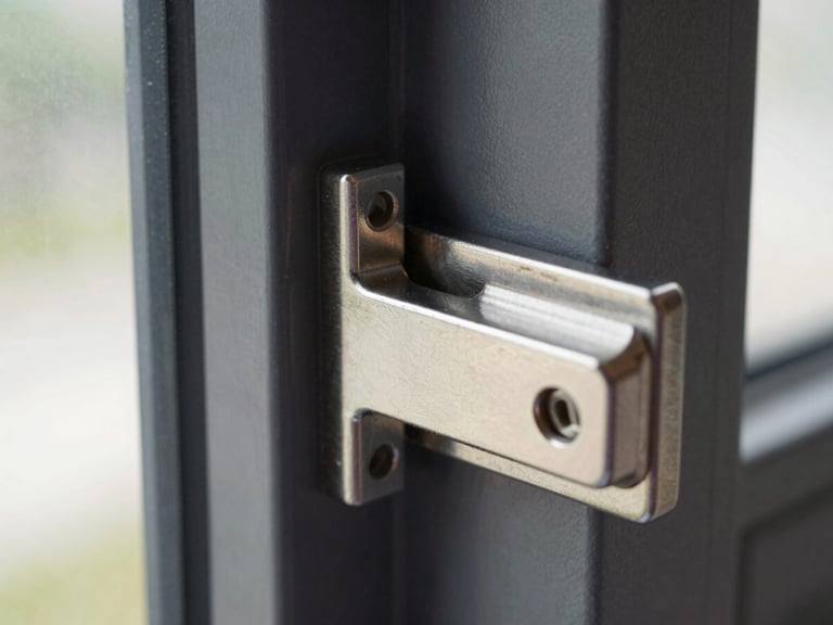 Macro photograph of a multi-point lock mechanism on a dark charcoal aluminum door frame, metallic reflection, technical blueprint aesthetic, 35mm