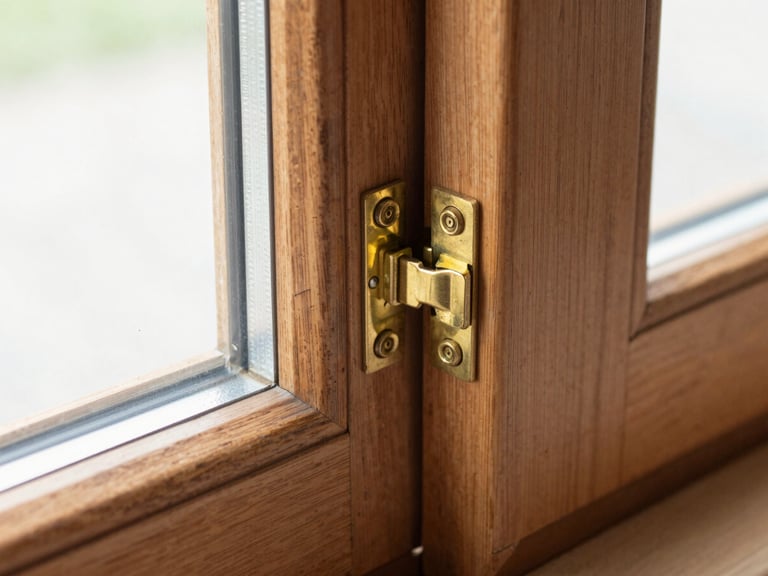 Close-up of a wooden window frame being adjusted at the brass hinge, natural wood grain texture visible under bright daylight