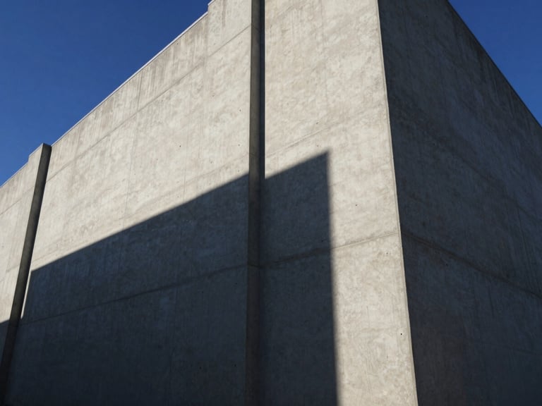 Low-angle heroic shot of a massive poured concrete commercial facade under harsh afternoon sunlight, casting deep geometric shadows, sharp architectural lines.