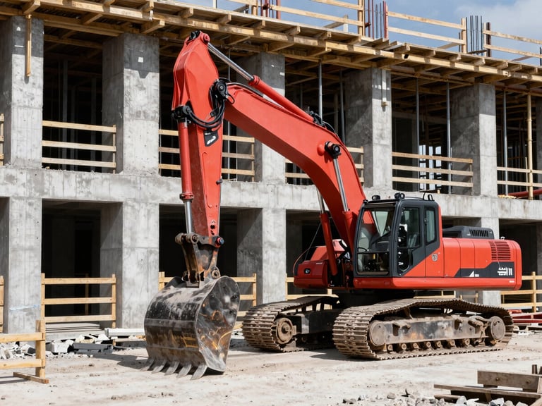 Industrial construction site with heavy machinery, exposed concrete structures, sharp direct daylight, high contrast red and black tones, 35mm lens
