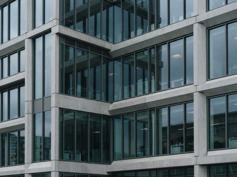 Modern architectural details of a corporate office facade, clean concrete and glass lines, cool overcast daylight, sharp focus, 35mm