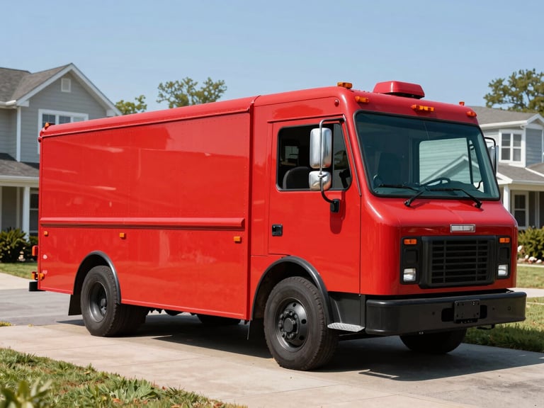 Wide environmental shot of a clean red and black service truck parked in a sunny Richmond neighborhood driveway, 35mm, high contrast.