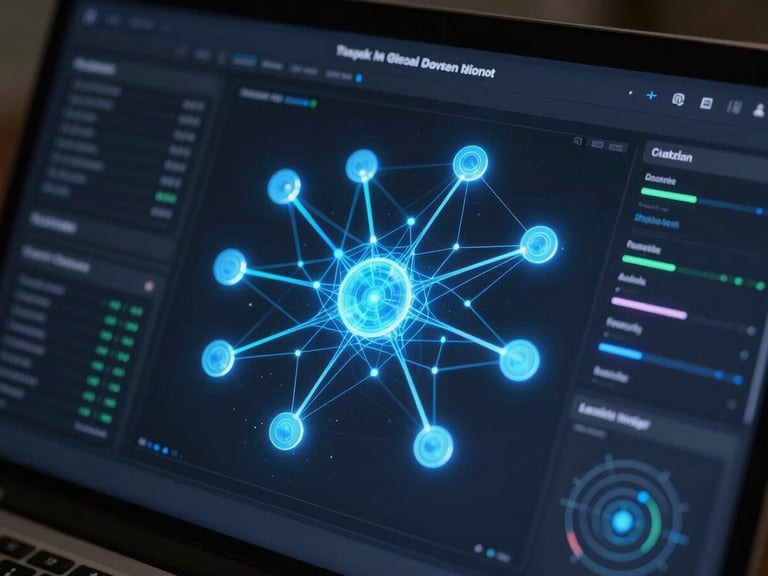 Tight macro shot of a dark-mode custom AI dashboard interface showing neural networks, glowing electric blue data nodes, and technical telemetry charts, high contrast studio lighting.
