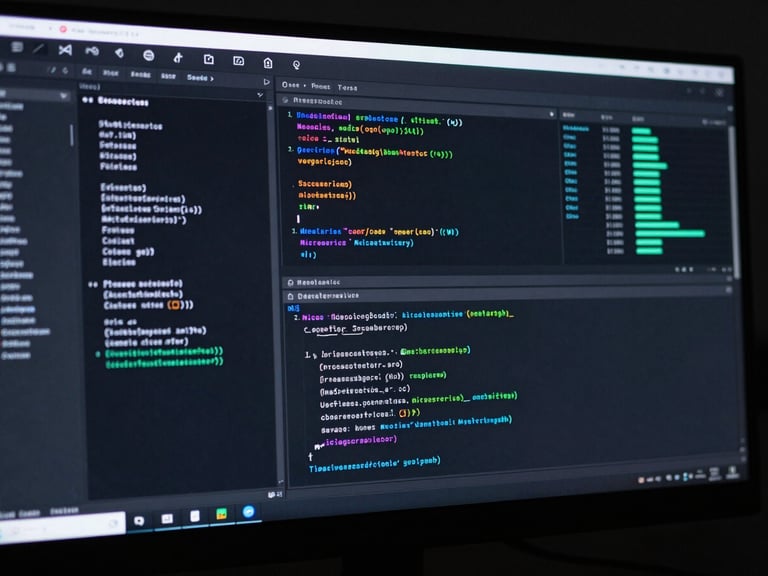 Sleek dark-mode technology photography, tight over-the-shoulder crop of a developer workspace showing real-time scheduling microservices code, low-key lighting, 35mm lens