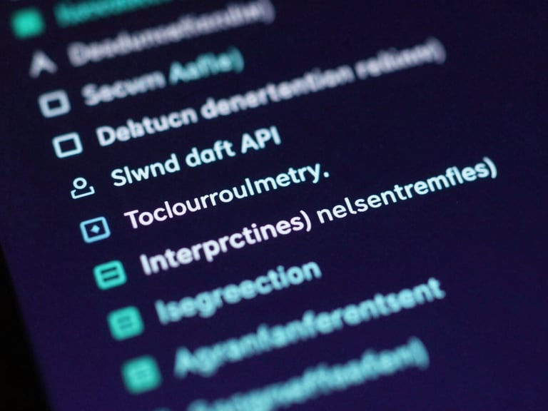 Sleek dark-mode technology photography, macro detail of a secure API transaction log on a dark screen, electric purple and teal ambient glow, sharp focus