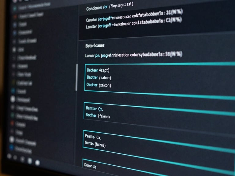 Sleek dark-mode technology photography, close-up of a high-performance database schema on a monitor, cool ambient screen glow, neon teal accent lines, sharp focus