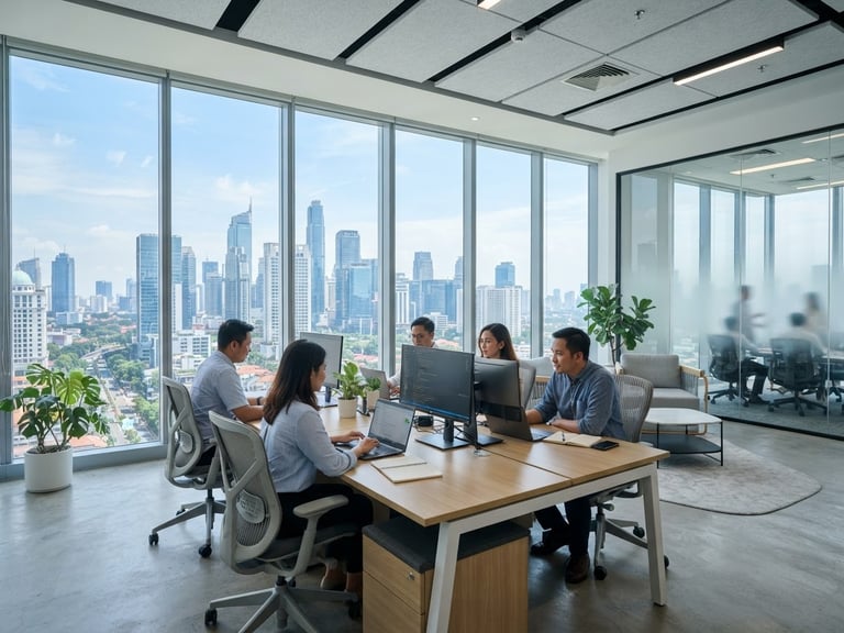 Bright modern corporate office in Jakarta, clean architectural lines, floor-to-ceiling windows, professional cool tones, sharp focus