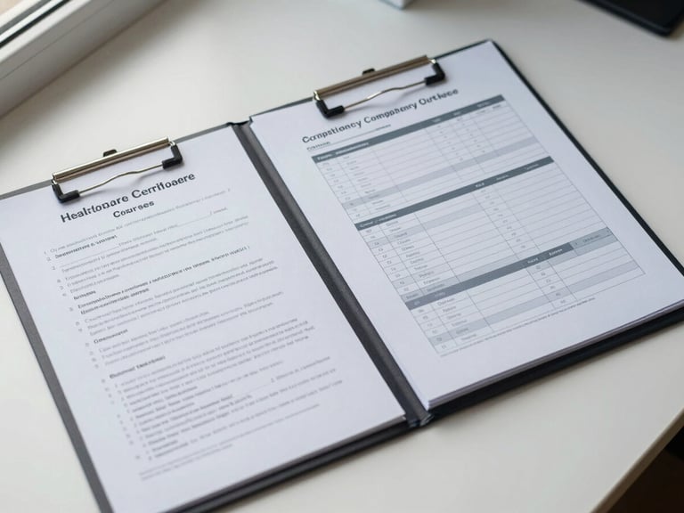 Close-up overhead flat-lay of a healthcare certification document and a course syllabus binder open to a competency checklist, on a clean white desk surface under natural window light, no people