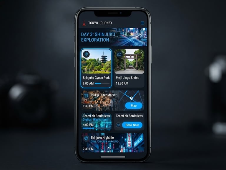 Sleek mobile app interface mockup showing a dynamic day-by-day itinerary of Tokyo, vibrant electric blue accents, dark mode UI, crisp studio lighting