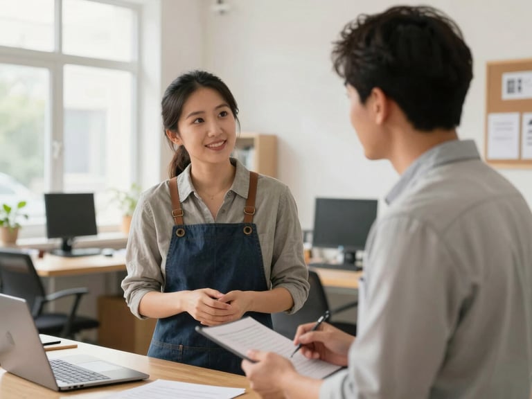 A local business owner in a bright, organized workshop speaking with a mentor, natural daylight, authentic setting, professional portrait style
