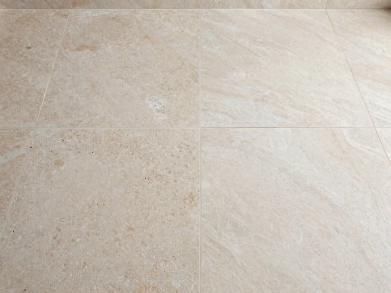 Split-frame of a travertine floor — left side shows dull, mineral-stained surface with white calcium deposits visible in the pores, right side shows the same stone restored to a clean polished finish, consistent bathroom overhead light, no styling