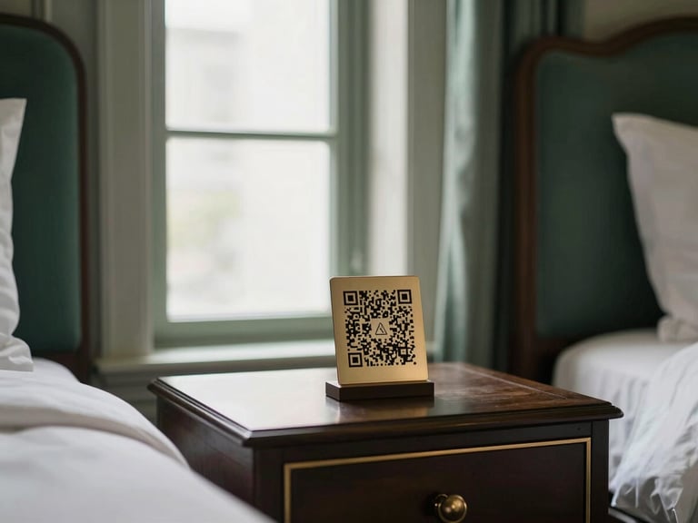 Elegant hotel room interior with a subtle QR code stand on the bedside table, soft natural window light, premium hospitality aesthetic, 35mm