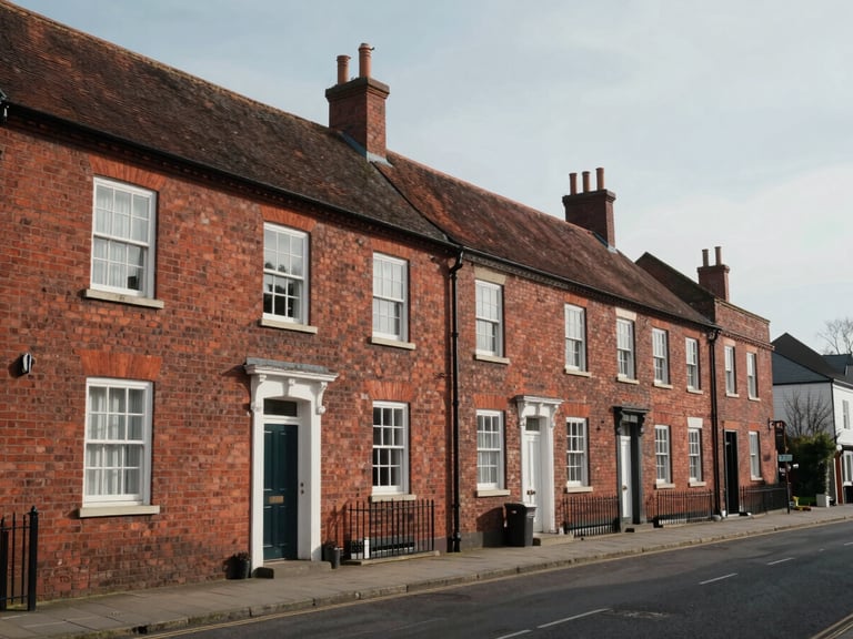Wide environmental shot of traditional Hartford red brick houses in Cheshire under soft natural UK daylight, clean streetscape, right-aligned composition.