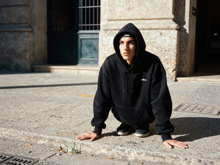 Founder of Geni Distret, a 23-year-old Spanish swimmer, active pose on a gritty Barcelona street corner, wearing a heavy black oversize hoodie, harsh natural sunlight, high-contrast shadows, 35mm film grain.