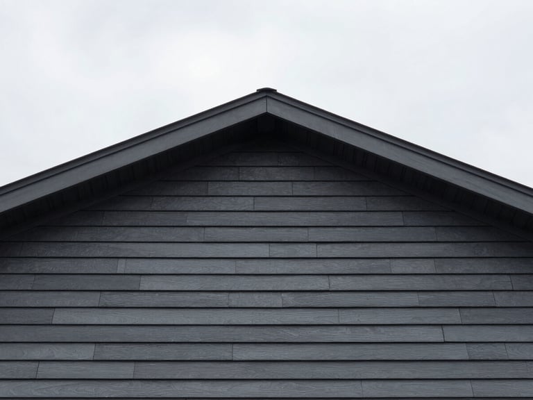 Low-angle architectural shot looking up at a clean roofline and perfectly aligned charcoal siding, crisp overcast sky, sharp focus
