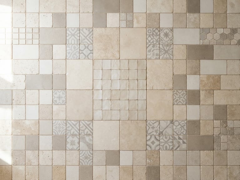 Straight-on flat lay of neutral stone and ceramic tiles under natural daylight, sharp focus, 35mm