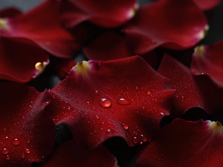 Extreme close-up of damp crimson rose petals with tiny water droplets, dark moody lighting, warm amber highlights, macro lens.