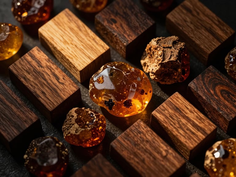 Macro overhead flat-lay of resinous oud wood blocks and raw amber resins, dramatic low-key lighting, rich golden-hour glow, 35mm.