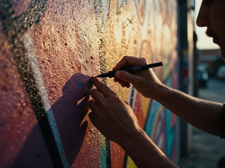 Intimate close-up of a street artist's hands painting graffiti on a textured wall in an urban alley, golden hour street light, off-center composition, high contrast, deep shadows, 35mm film grain.