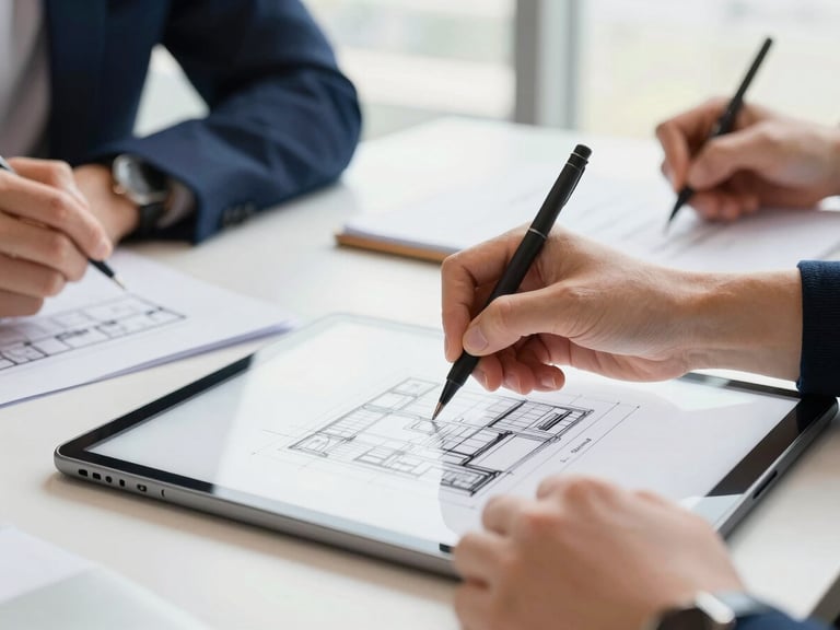 Close-up of hands sketching on a tablet during a sprint-based innovation workshop, architectural details of a modern regional workspace, bright natural window light, corporate navy and warm orange tones, sharp focus, 35mm