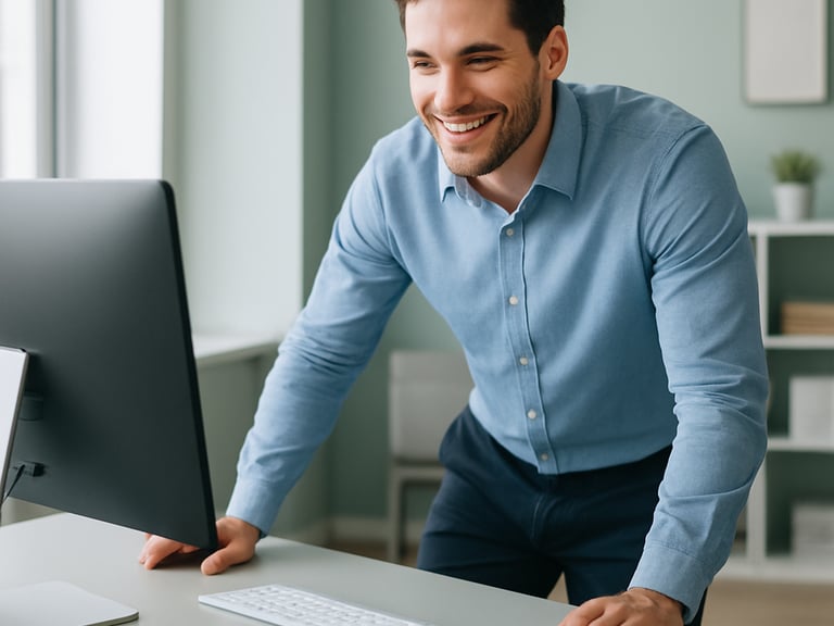 employé vu de face, debout penché vers son bureau avec les main sur celui-ci