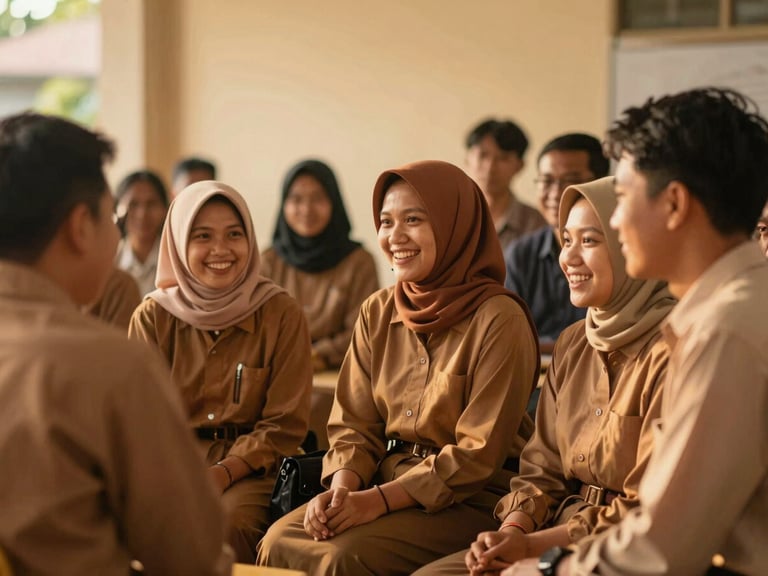 Warm photography of Indonesian high school alumni and teachers gathering together, smiling, sharing a supportive moment under soft golden hour light