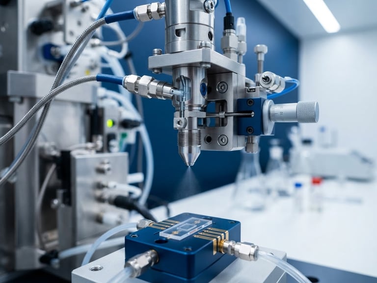 Crisp industrial photography of high-tech laboratory testing equipment, bright high-key sterile white lighting, macro lens focus on a precision testing nozzle, 35mm