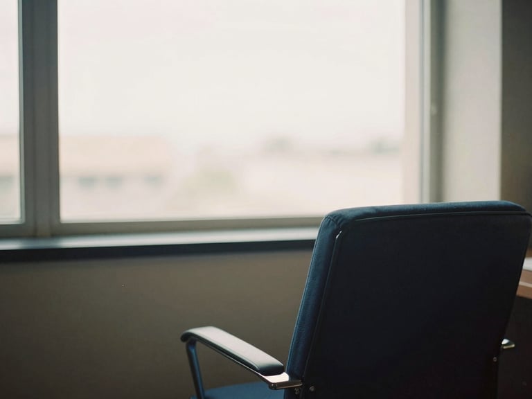 A quiet corner of a professional office, a comfortable chair facing a large window, diffused natural light, a sense of calm and contemplation, warm editorial photography.