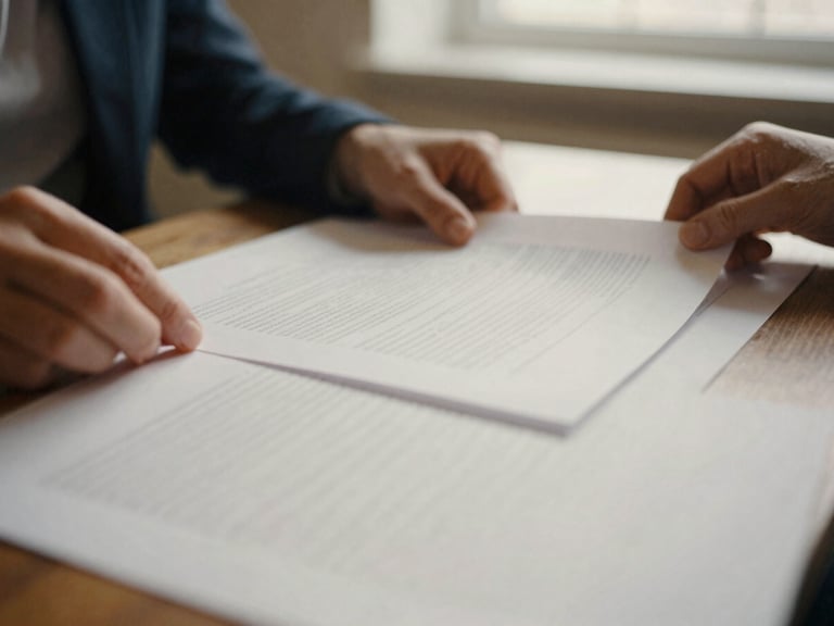 Close-up of hands (not looking at camera) reviewing documents on a large table, warm natural light, textured paper, subtle shadows, shallow depth of field, warm editorial photography.