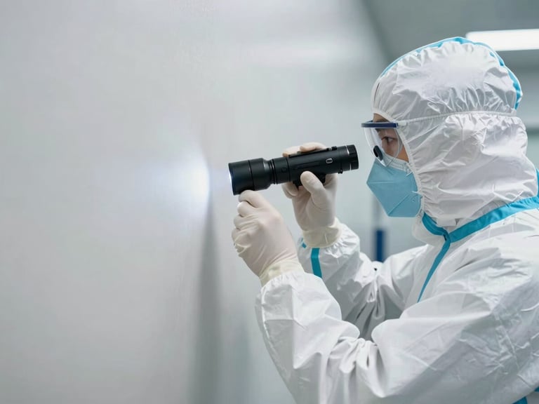 Bright sterile daylight, a technician in a crisp white PPE suit using a professional inspection flashlight on a clean foundation wall, clinical and focused framing.