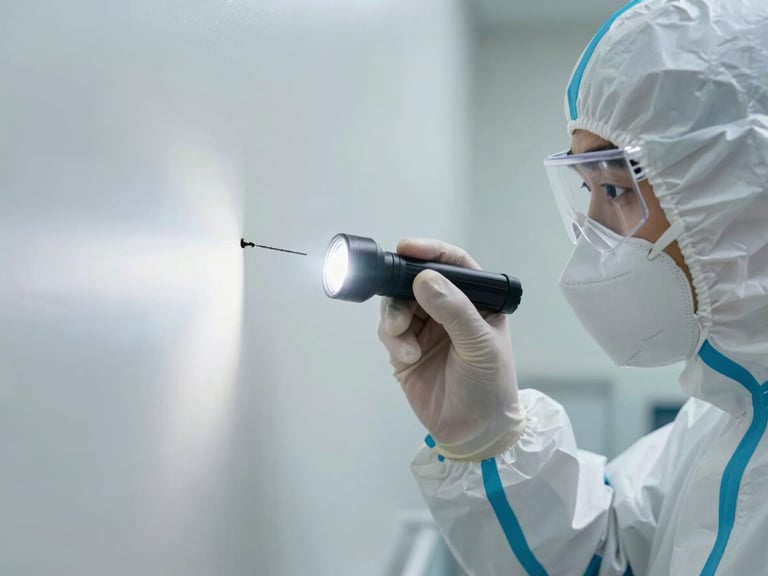 Macro shot of a technician in crisp white PPE inspecting a wall crevice with a bright sterile LED flashlight, highly focused, clinical sterile lighting, clean indoor environment.