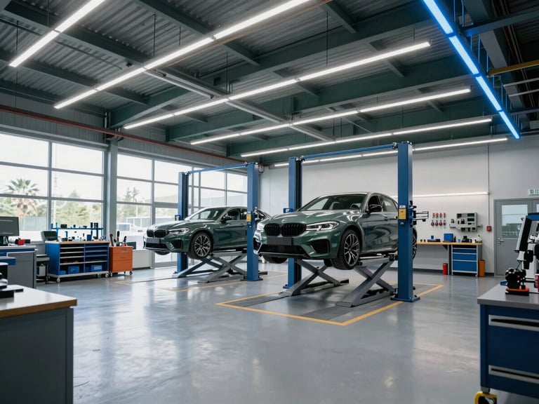 Wide shot of a spotless modern German automotive workshop bay, crisp daylight mixing with cool blue neon light, organized tools, premium vehicle on a lift, 50mm lens