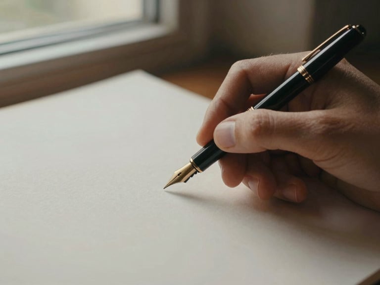 A close-up of a hand holding a classic fountain pen over high-quality textured paper, soft window light, warm editorial tones, 35mm