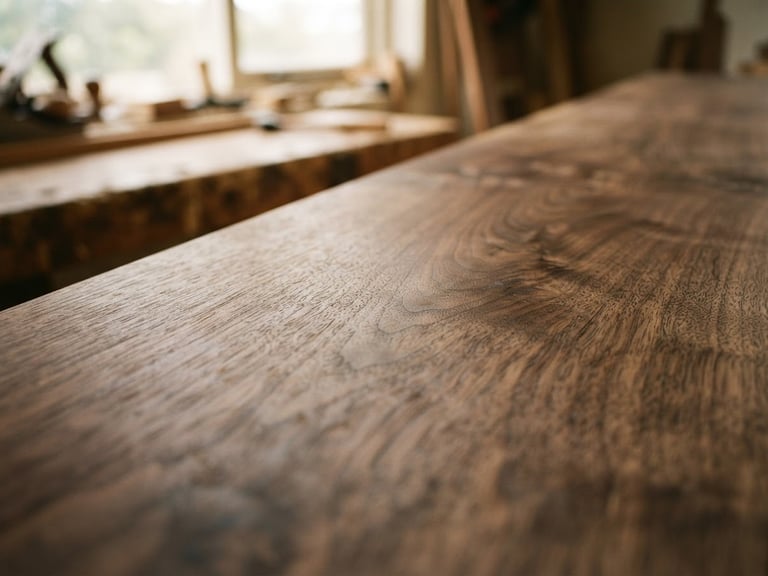 Close-up of hand-planed walnut timber showing rich grain patterns under soft workshop window light, shallow depth of field, warm 35mm film style