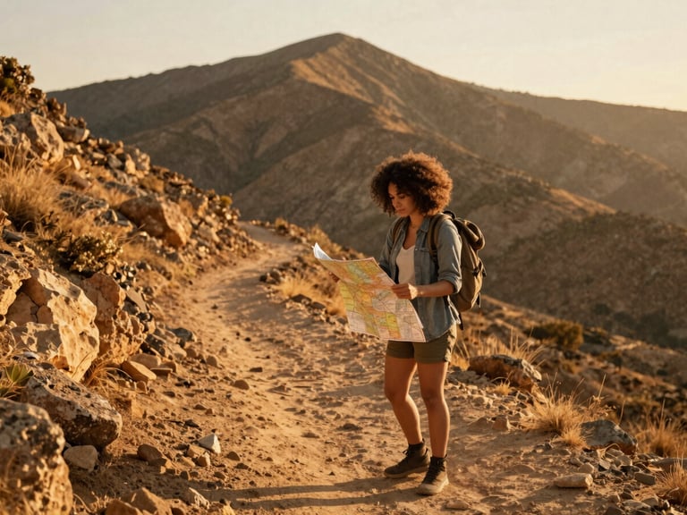 Candid portrait of a female traveler with curly hair checking a physical map on a dusty mountain trail, warm golden hour sunlight, rich earth tones