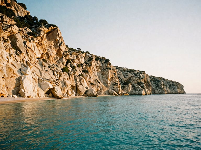 Wide-angle panoramic shot of a quiet turquoise cove in Greece, golden hour sun hitting the limestone cliffs, no people, 35mm film grain style
