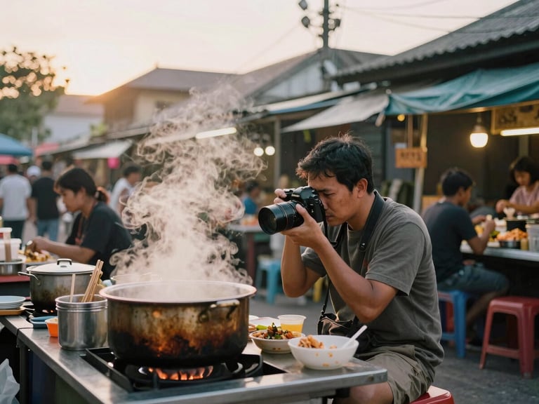 Candid shot of a male photographer holding a camera, sitting at a vibrant street food stall in Southeast Asia, steam rising from pots, natural overcast light
