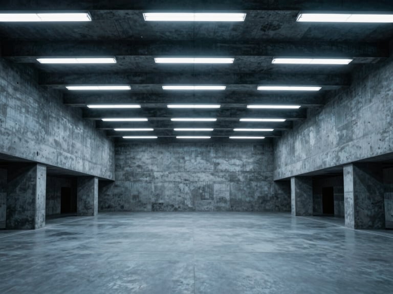 Brutalist concrete research facility interior, cold fluorescent lighting, symmetrical composition